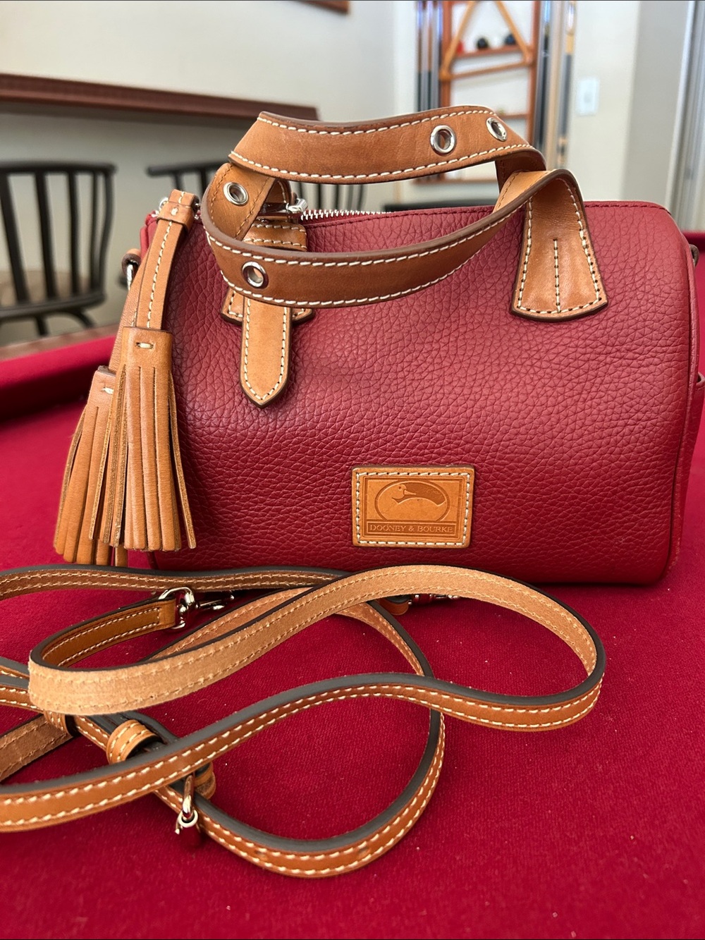 Dooney & Bourke Red Pebble Leather Mini Satchel with Tan Trim